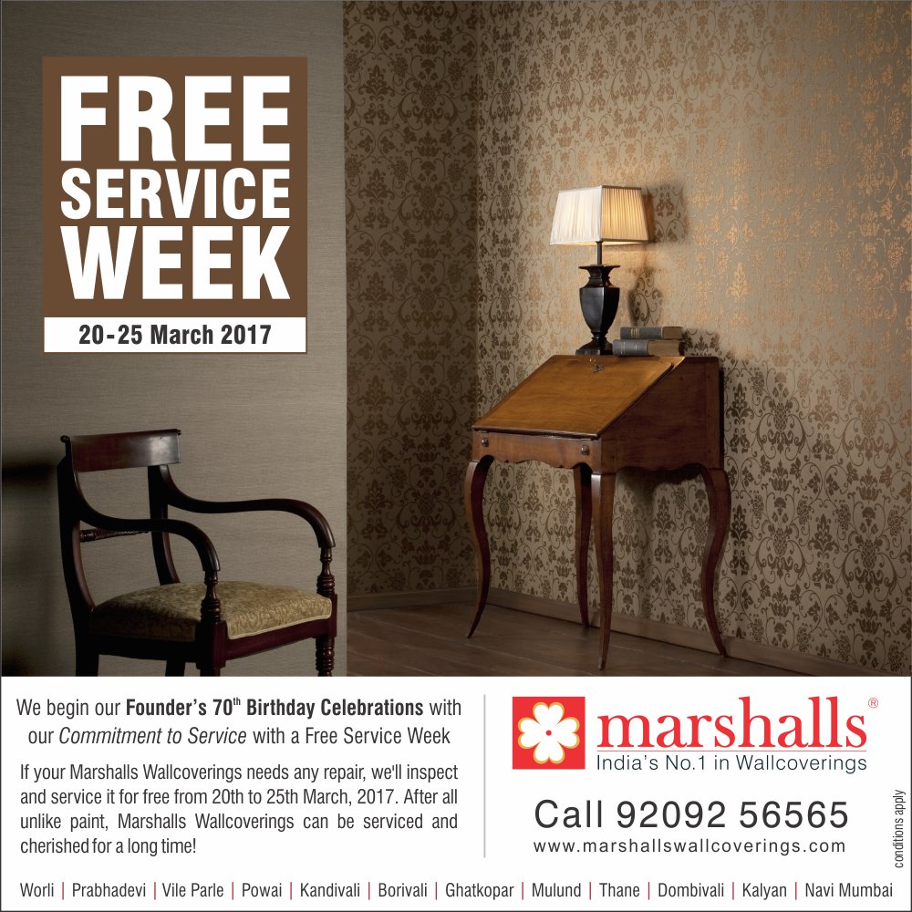 MarshallsWalls's tweet photo. Avail of a FREE SERVICE of your Marshalls Wallcoverings during our exclusive #FreeServiceWeek from 20th March – 25th March, 2017. https://t.co/YbuWspzyO0