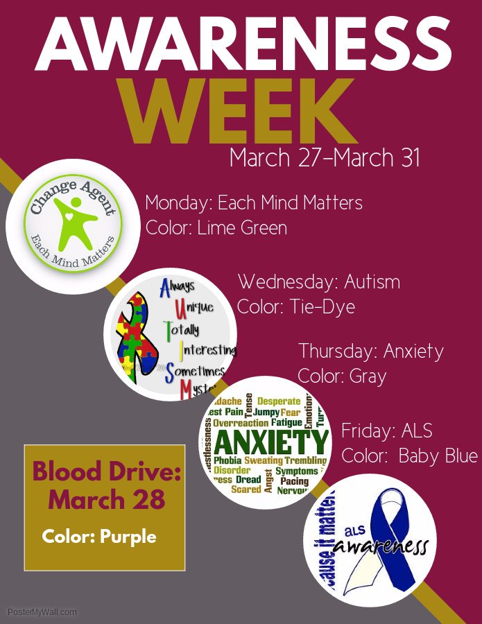 CVHS is holding our annual Awareness week. Dress up in the color of the day to raise awareness for some great causes #CVHawknation