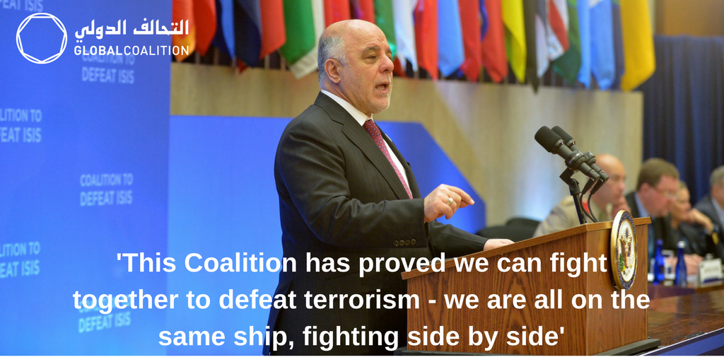 coalition's tweet photo. #Iraq-i PM Haider Al-Abadi (@HaiderAlAbadi) today addressed Coalition ministers, emphasising the need for #CoalitionUnity in #DefeatingDaesh https://t.co/rDqDr7MvSI