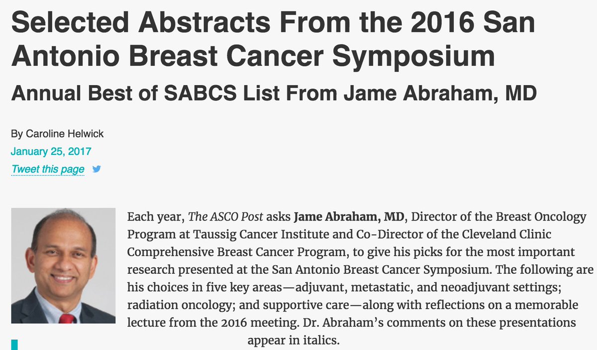 BreastCancerNDX's tweet photo. See who made the #SABCS2016 “best of” abstracts list selected by @jamecancerdoc via @ascopost https://t.co/j5A7FaJHEA #sabcs16 #bccww #bcsm https://t.co/TZlWnmelpg
