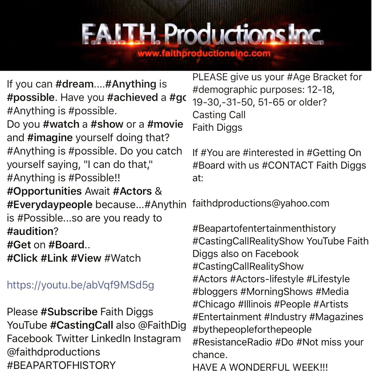 justmemaria40's tweet photo. #Beapartofentertainmenthistory #CastingCallRealityShow YouTube Faith Diggs also on #Facebook #DoNot miss your chance. https://t.co/7oYrjt2JW0