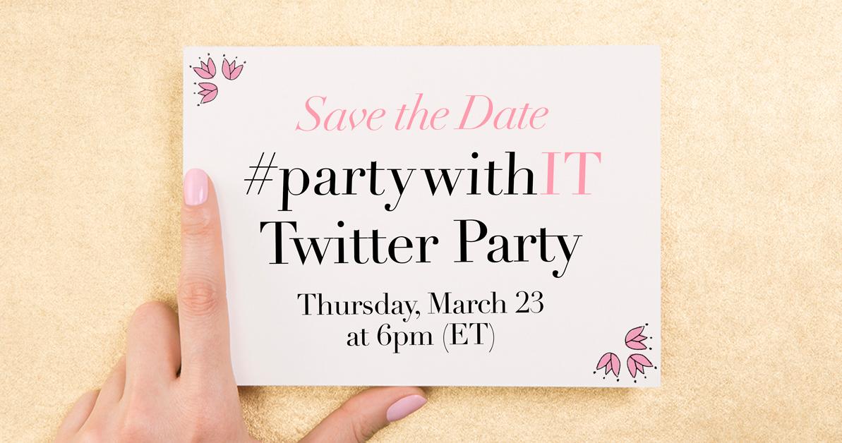 Save the date! Chat live with @ITCosmetics & beauty bloggers on Twitter for a #partywithIT Twitter Party! #entry - https://t.co/lg5Q4UhBTj https://t.co/0QOVkiIzTL