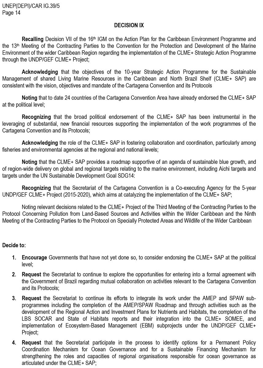 CLMEplus's tweet image. #CEPIGM17 Decision IX is #OneUN! Integrating @UNDP/@theGEF #CLMEproject &amp;amp; CLME+ SAP in @UNEP_CEP Work Programmes owl.li/BkRw30a9mBH