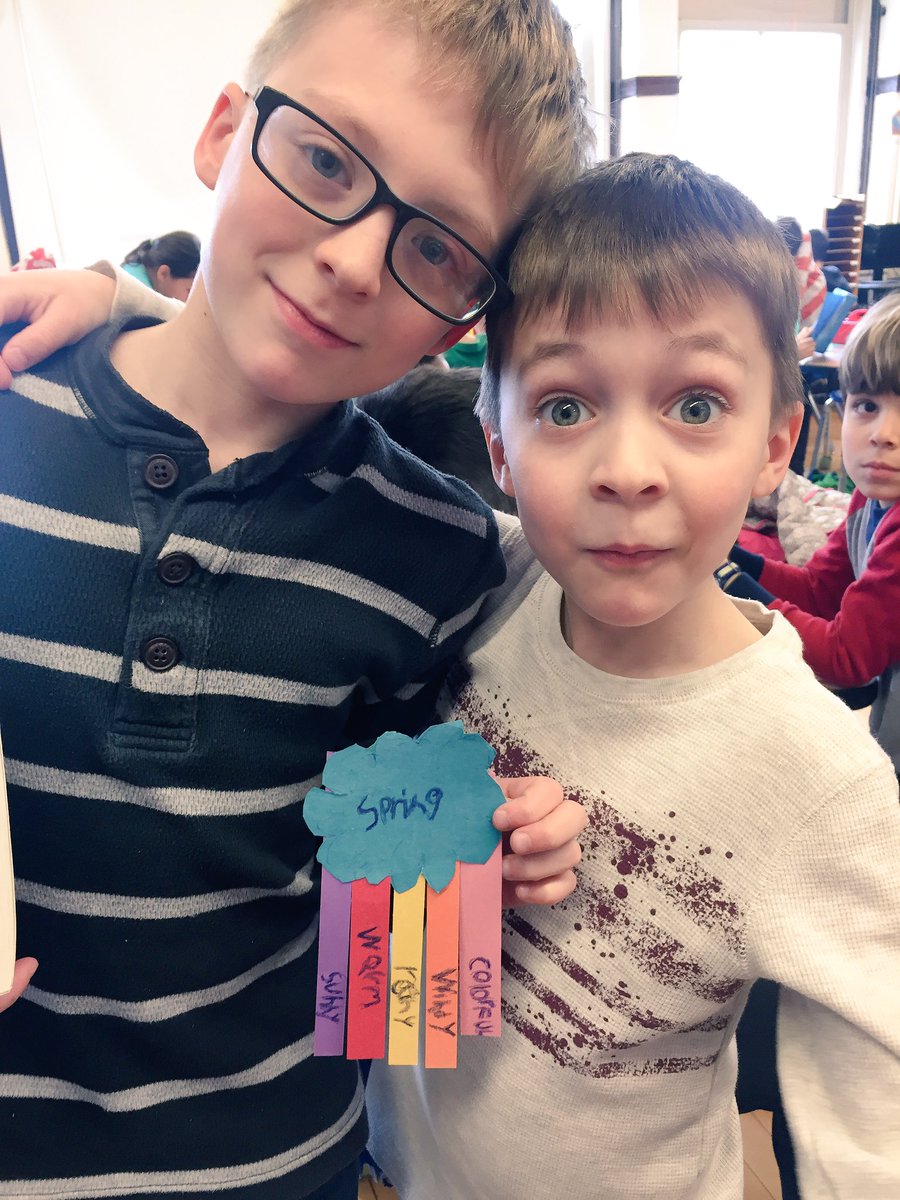 MsRathan103's tweet photo. We love meeting with our 4th grade reading buddies! Today we created Spring clouds with adjective strips! @CoonleyES #1stgrade https://t.co/8oaTJcB4OX