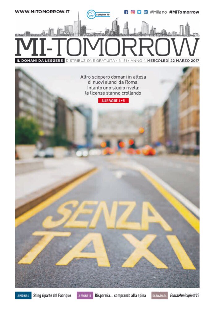 MiTomorrow's tweet photo. #MiTomorrow vi anticipa la #Milano di domani: ancora scioperi #Taxi e con il concorrente #Uber crollano le licenze: https://t.co/siaLzSLkat https://t.co/1Euq8Jbc6Y