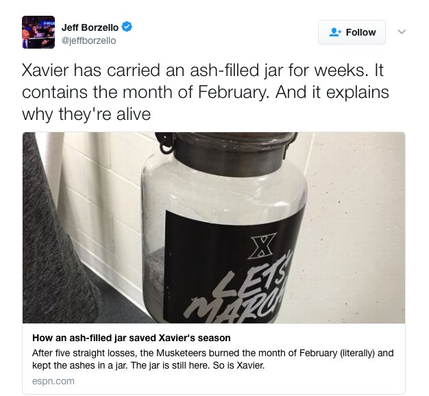 BarstoolBigCat's tweet photo. Wish someone had told me that Xavier was carrying around an ash filled jar containing the month of Feb #LockItUp https://t.co/QizAtYmp3g https://t.co/nZ2MueXLvS