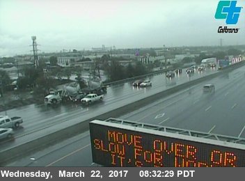 FOX40Traffic's tweet photo. Accident on I-5 NB at Eight St in Stockton. Vehicle went down embankment and hit pole. Light pole down on Charter on-ramp to SB 5. @FOX40 https://t.co/Tesahm3Mzm