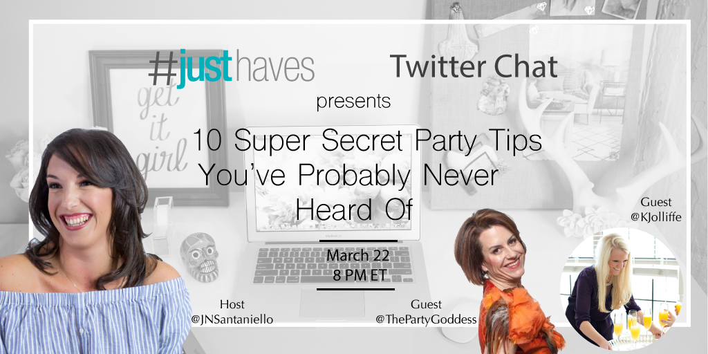 JNSantaniello's tweet photo. Join us tonight at 8 PM ET for #JustHaves Chat w/ @ThePartyGoddess & @KJolliffe 🍷🍸#entertaining #DIYParties https://t.co/ImElKP1QKe
