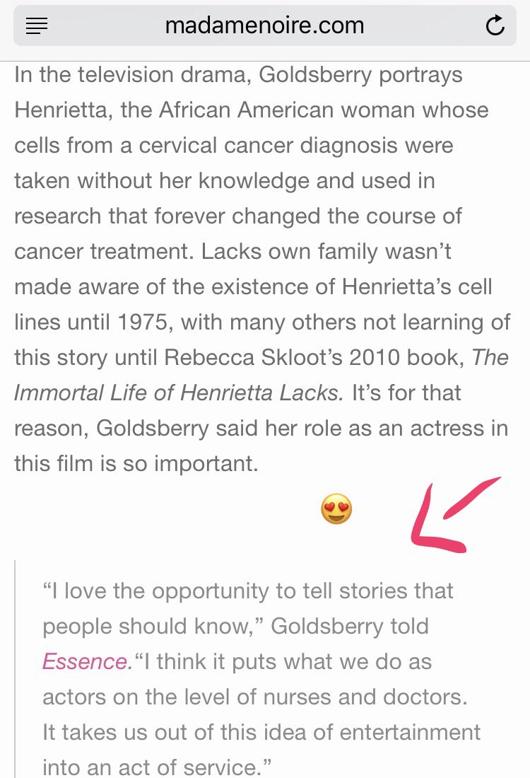 Rebecca Skloot on Twitter "Couldn t luv this quote more ReneeGoldsberry on why her role as Henrietta in Immortal Life of HenriettaLacks is so important
