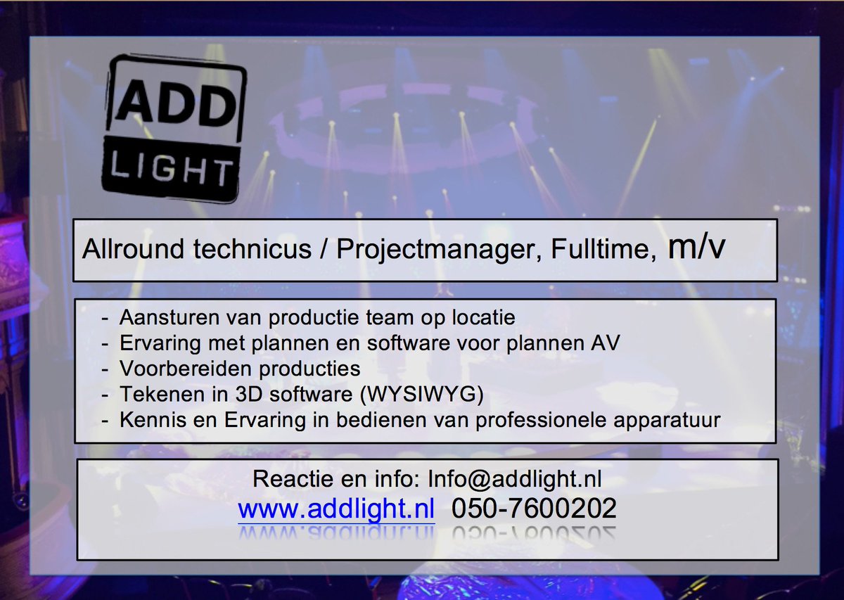 Wij zijn opzoek naar een nieuwe collega. Wil je meer weten kijk dan op addlight.nl/vacature