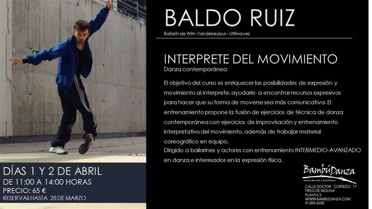 Andrea Trepat (@andrea_trepat) on Twitter photo Mi querido <a href="/BaldoRuizC/">Baldo Ruiz</a> con todo su arte, talento y amor por el movimiento da un taller en <a href="/Bambudanza/">Bambúdanza</a> Si os apetece, regalároslo 💜🙌🏻🙏🏼 Mi querido <a href="/BaldoRuizC/">Baldo Ruiz</a> con todo su arte, talento y amor por el movimiento da un taller en <a href="/Bambudanza/">Bambúdanza</a> Si os apetece, regalároslo 💜🙌🏻🙏🏼