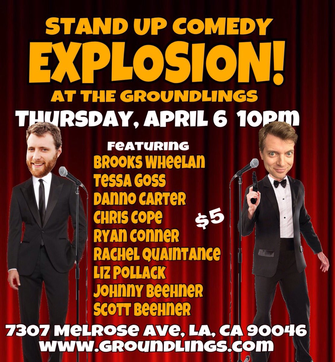 April 6! <a href="/brookswheelan/">Brooks Wheelan</a> <a href="/rccomedy/">Lrc Comedy</a> <a href="/tessagoss/">Tessa Goss</a> @Rkaycue <a href="/ChrisCopeComedy/">Chris Cope</a> <a href="/scottbeehner/">Scott Beehner</a> <a href="/hypodanno/">Danno Carter</a> <a href="/groundlings/">The Groundlings</a> #standup #comedy