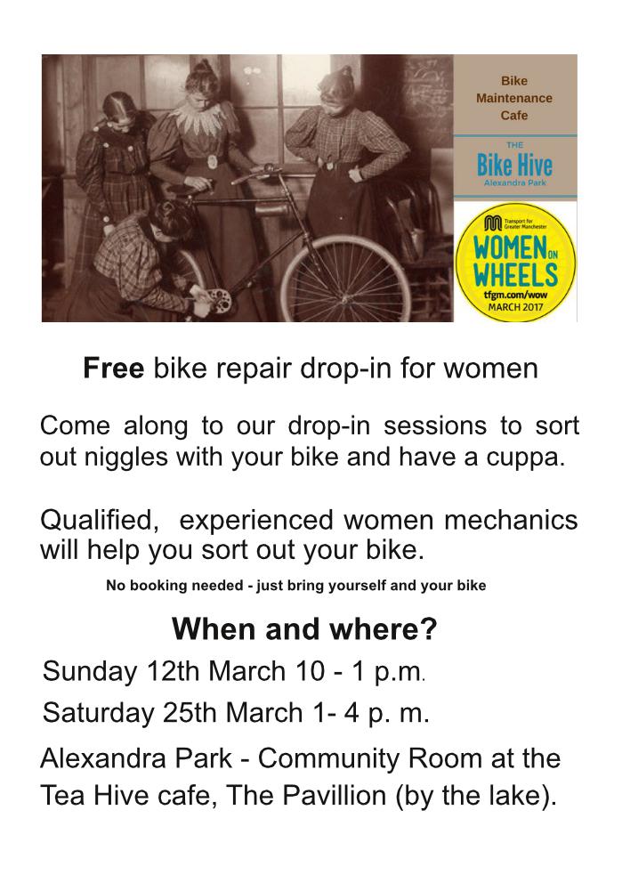 BikeHiveMcr's tweet photo. Reminding you of our free bike maintenance drop-in for women on Sat 25th March 1-4 pm Alex Park @TeaHiveAlexPark providing refreshments. https://t.co/mEVFx5EOwy
