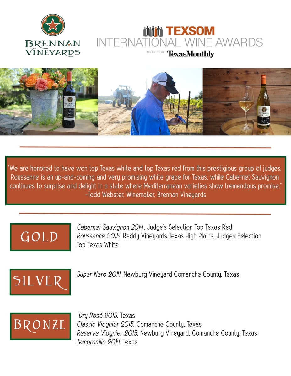 Great showings for #TXwine at <a href="/texsomiwa/">TEXSOM Awards</a>!  Congrats to our winemaker @txviognier on not one but TWO Judge's Selection Awards!
