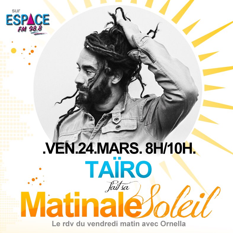 teamsoleil988's tweet photo. En mode reggae pour le rdv de ce vendredi avec @TairoOfficiel sur @Espacefm988 ☀️ https://t.co/iSd7tVE6Kk