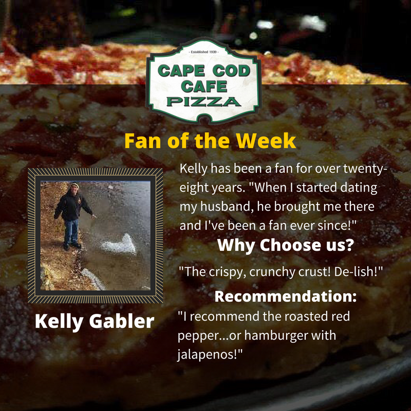 CapeCodCafe's tweet image. Congratulations Kelly Gabler for being our #fanoftheweek. Thank you for being our fan for over 28 years. #CapeCodCafe #RoastedRedPepperPizza