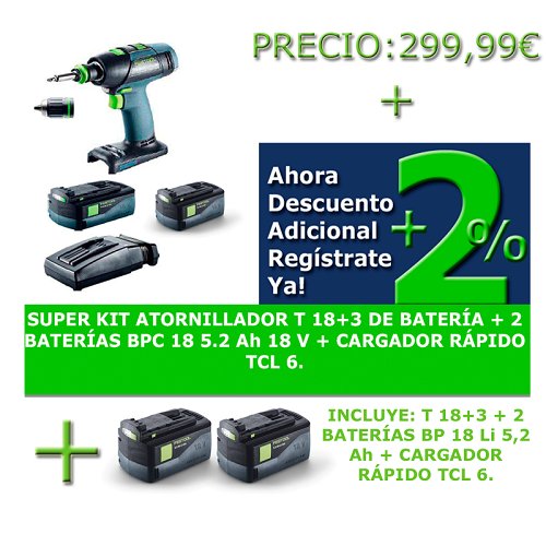 #Taladro #Atornillador #Festool Solo 2 un ow.ly/fvYS30a9RYd idades
T18+3 DE BATERÍA+2 BATERÍAS BPC 18 5,2 Ah 18 V+CARGADOR RÁPIDO TCL6