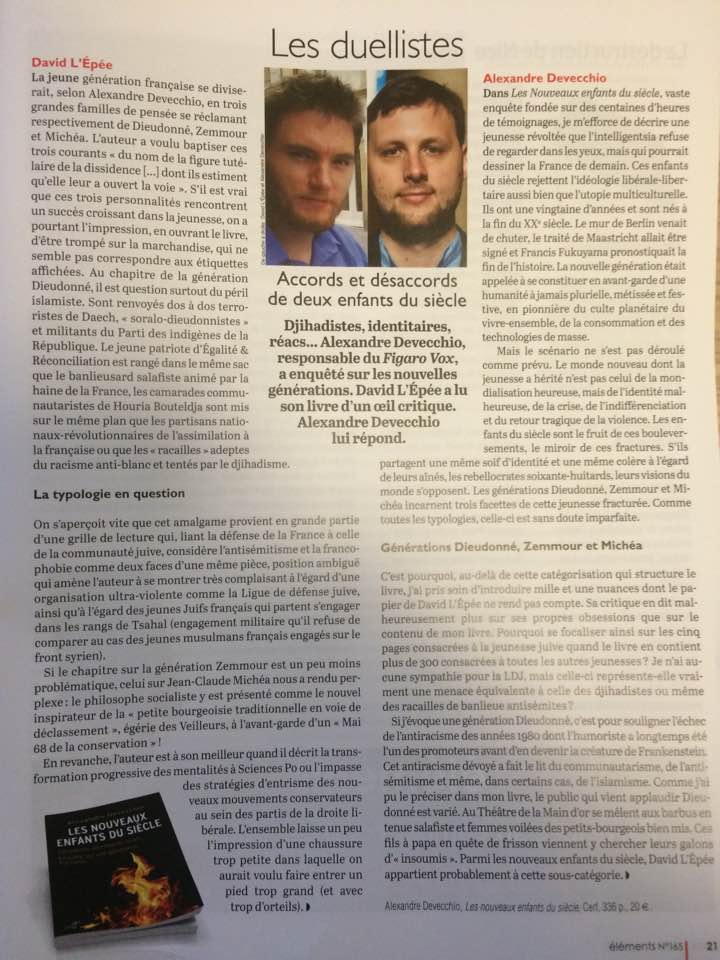 Mon duel sans concession avec David L'Epée dans la <a href="/Revue_elements/">Revue éléments</a> à propos de mon livre, Les Nouveaux <a href="/EnfantsduSiecl/">LesEnfantsDuSiècle</a>.