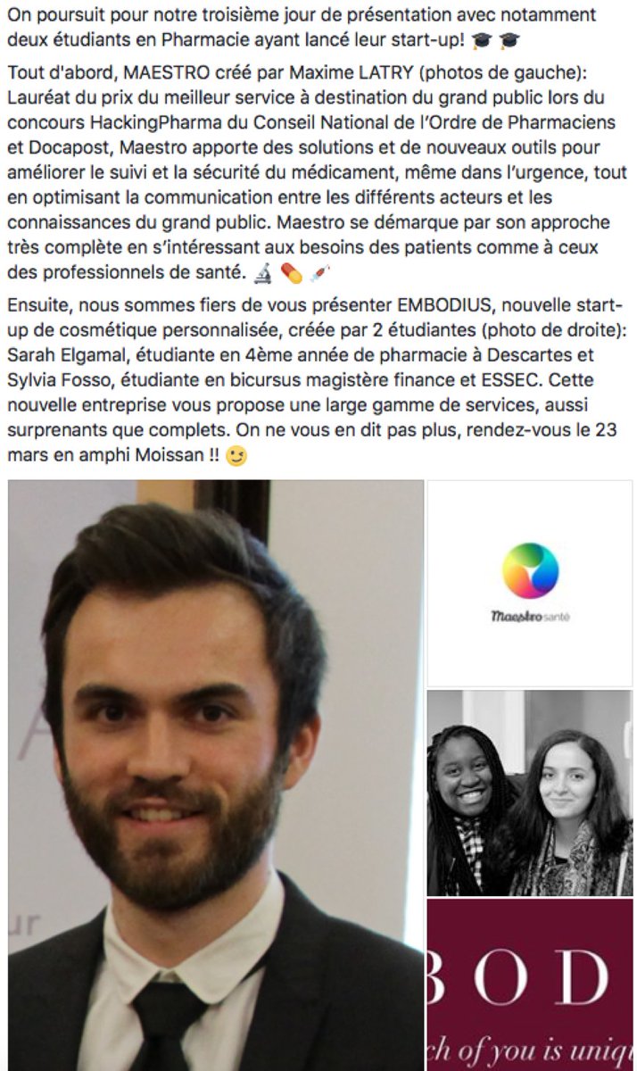 innovfacpharma's tweet photo. #pharmafterwork Etudiants créateurs de #startup en action ! @maxime_latry avec Vital et le duo Sarah Elgamal Sylvia Fosso avec #Embodious https://t.co/qTkPBHWckH