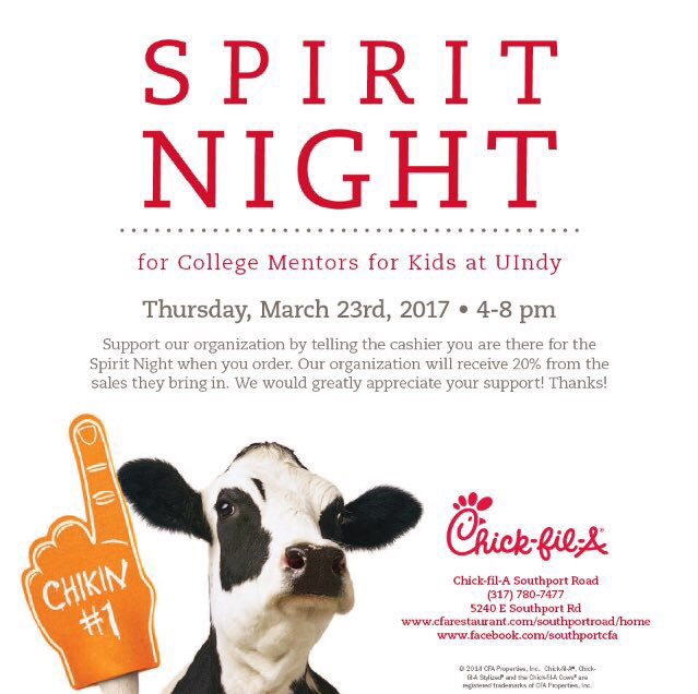 uindyCMFK's tweet photo. Invite your friends, professors, family members, etc. to Chick-fil-a in Southport tomorrow evening! Hope to see everyone there! https://t.co/I3FCN87xRK