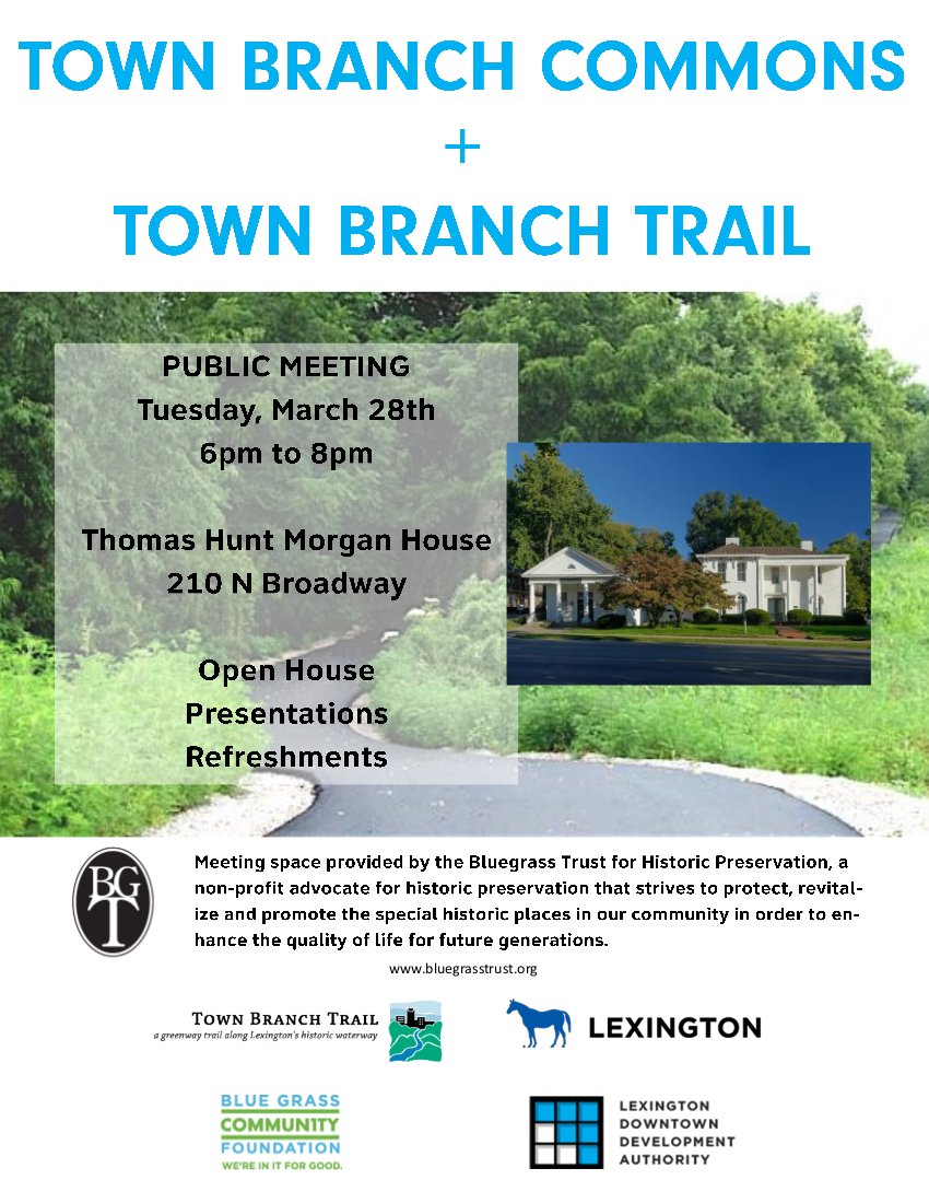 JimGrayLexKY's tweet photo. Public meeting to discuss Town Branch Commons &amp; Town Branch Trail this Tuesday evening at 6:00 at Thomas Hunt Morgan House. https://t.co/SDWZcJunOh