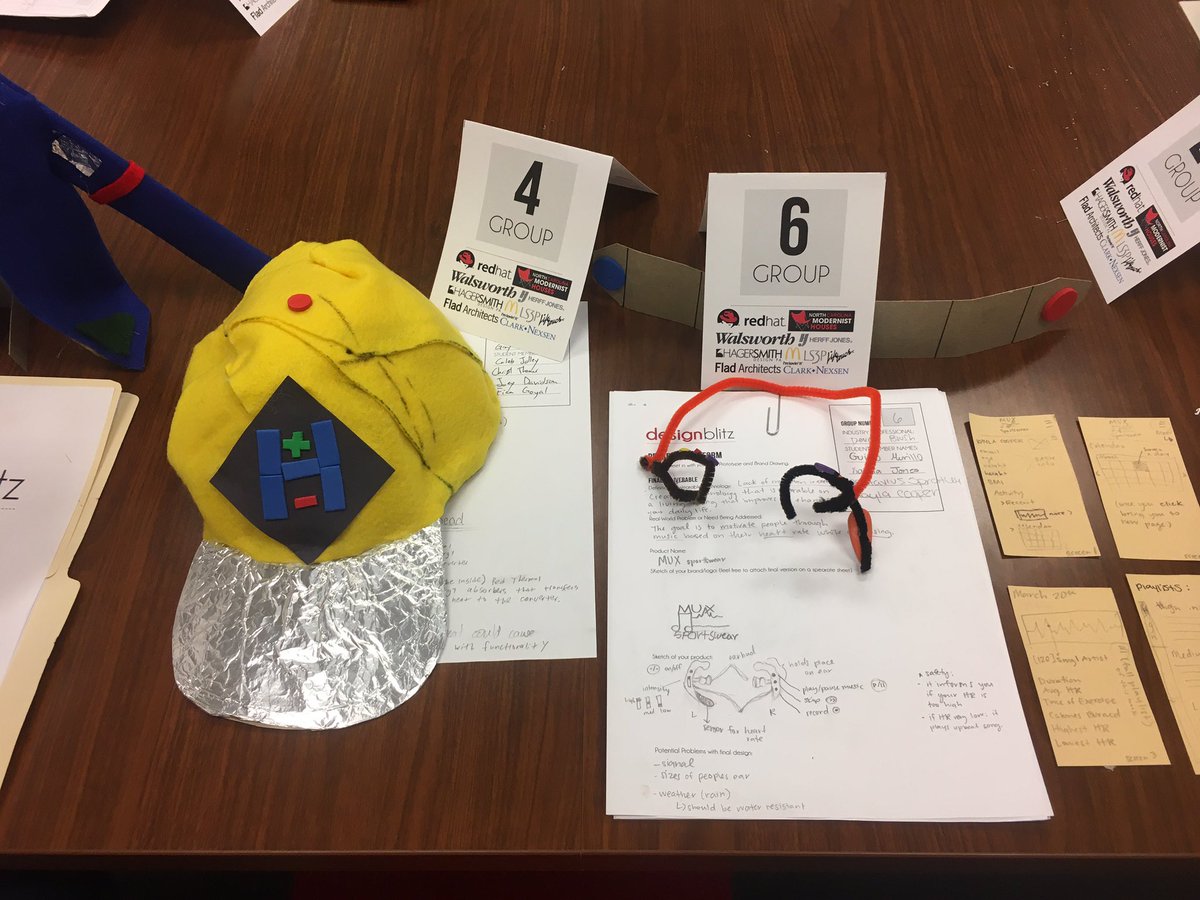 nckhui's tweet photo. Fiza Goyal of @Green_Hope_High puts on Caleb Jolley of @mchsmustangs prototype hat w/ "solar panels" 2 charge devices @WCPSS #DesignBlitz https://t.co/46VVNcSsKG