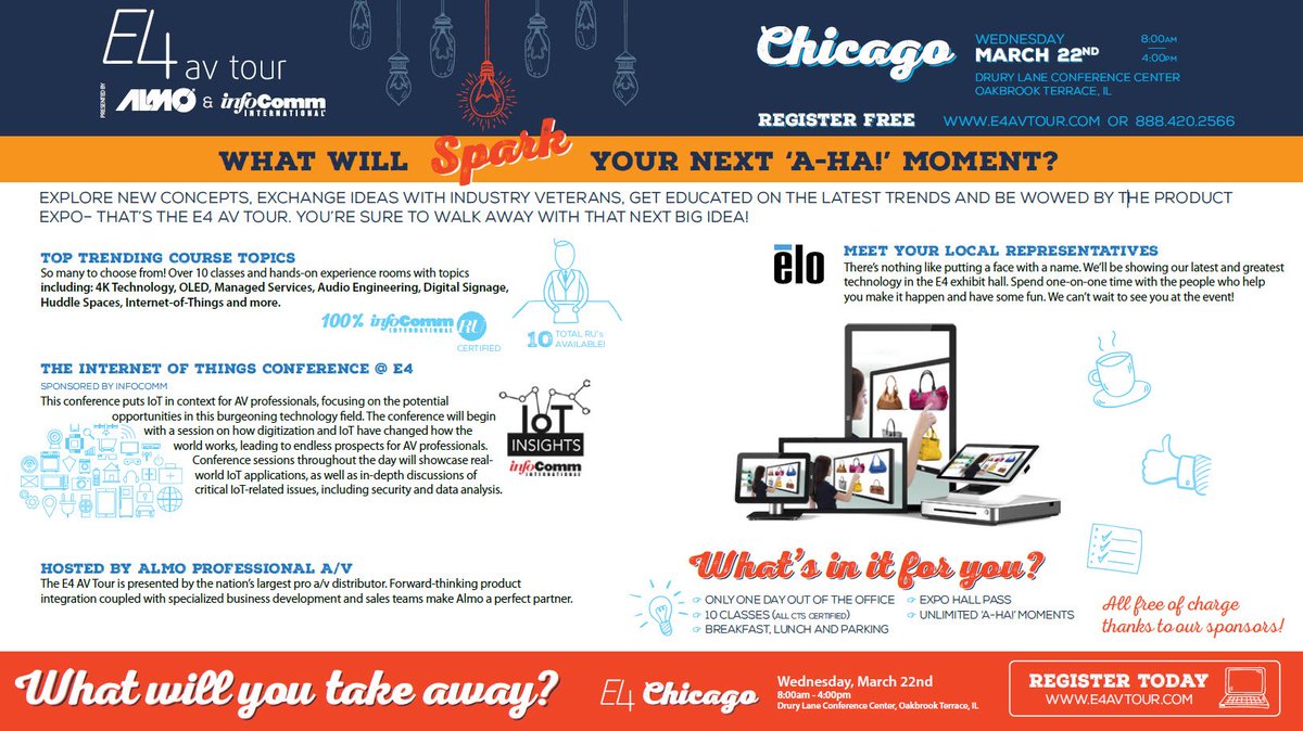 elotouch's tweet photo. Today's the day! Visit Elo at the @AlmoProAV E4 AV Spring Tour! Spark your next A-Ha moment! #avtweetps #Chicago https://t.co/vQFp48YLEr