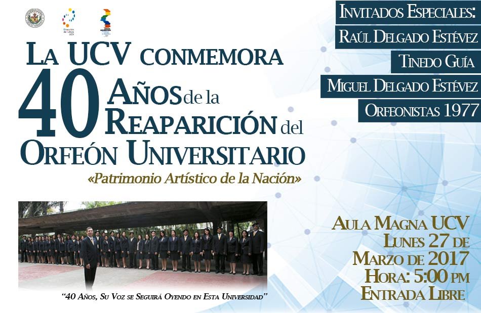 ¡Entrada libre! Conmemorando los 40 años de la reaparición del <a href="/Orfeon_UCV/">Orfeón Universitario de la UCV</a> el 27 de Marzo a las 5 PM en el #AulaMagna <a href="/Trina_Medina/">Trina Medina</a>