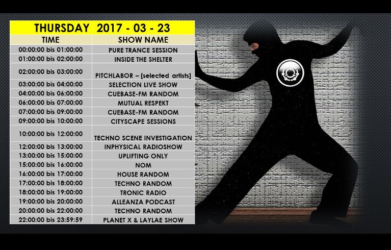 CUEBASEFM1's tweet image. Thursday&apos;s schedule cuebase-fm.de/black 
#rave #radio 
#underground #electronic #music
