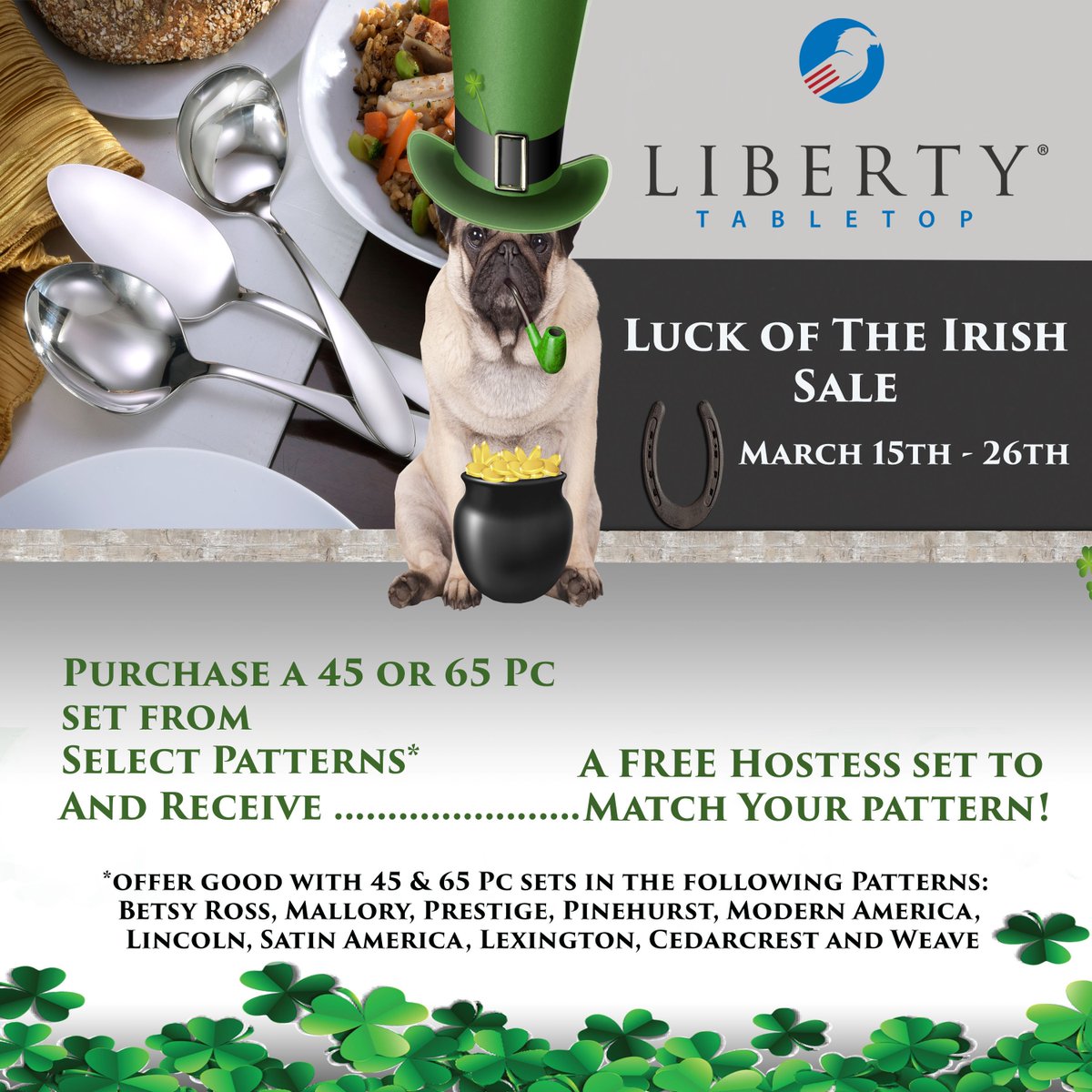 LibertyTabletop's tweet photo. LUCK OF THE IRISH SALE! Purchase a 45 or 65pc selected patterns receive a #FREE #HostessSet to match pattern. https://t.co/vBxMhJWV99 https://t.co/jC6Nl0kBUy