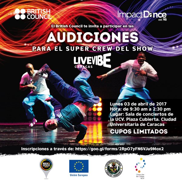 ¿Eres bailarín? Participa en las audiciones para el show LiveVibe Caracas en la Sala de Conciertos #UCV este 3 de Abril <a href="/Trina_Medina/">Trina Medina</a>