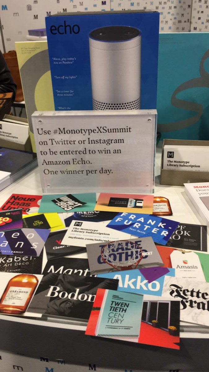 Monotype's tweet photo. Day 2 of #AdobeSummit! Come see us at Booth 450 and learn how to win an #AmazonEcho! #MonotypeXSummit https://t.co/WmyALZmsVG