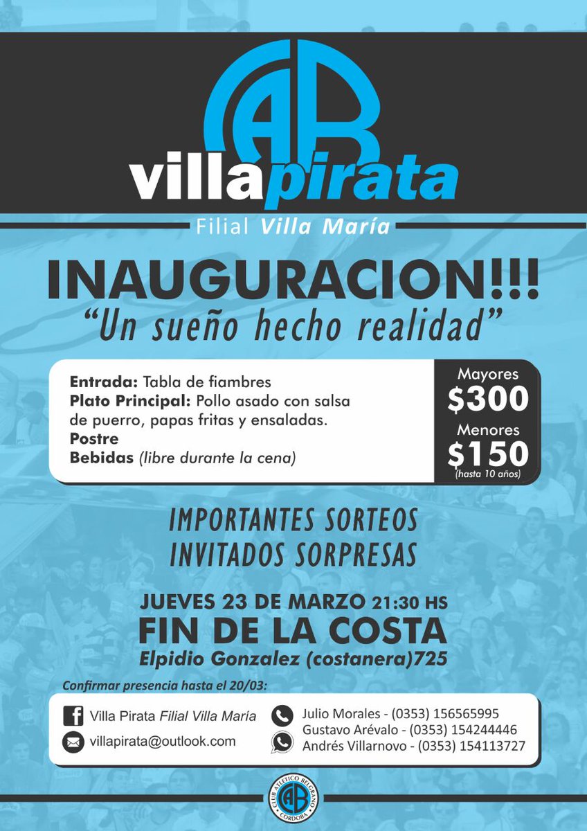 Belgrano's tweet photo. #FilialesBelgrano | ¡ATENCIÓN PIRATAS DE VILLA MARÍA! Mañana se inaugura la filial de #Belgrano @PirataVilla 😀
¡No te lo pierdas! 🎉 https://t.co/X4o5uTRywj