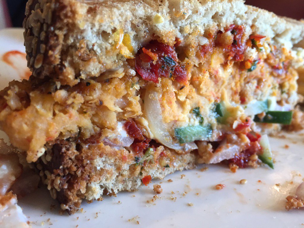 PromotingFresh's tweet photo. Homemade veg burger, tomato jam, crispy seedless cucumber with each bite! @ONgreenhouseVeg visit Taylor tap &amp; grill https://t.co/Mws059MhEd