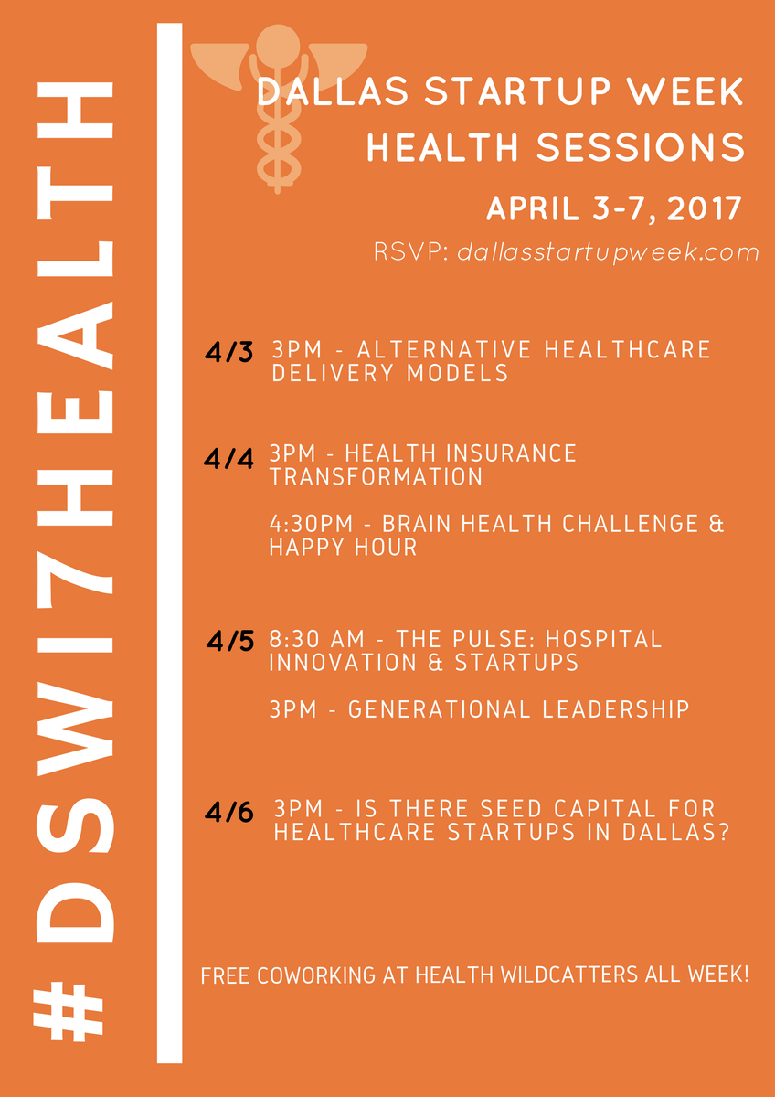 HWildCatters's tweet photo. Dallas Startup Week is just around the corner! Join us for Alternative Healthcare Delivery Methods 4/3 at 3PM #HWHQ https://t.co/GabbFrRZ9K https://t.co/QgFMahBPRL