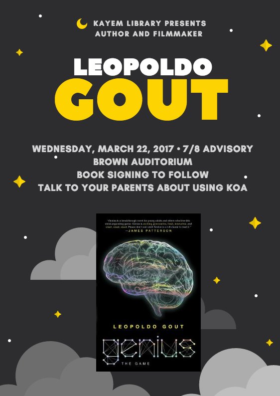 KayemLibrary's tweet photo. Thank you @BlueWillowBooks for the @LeopoldoGout visit today! #geniusthegame https://t.co/oWCp20xWxS