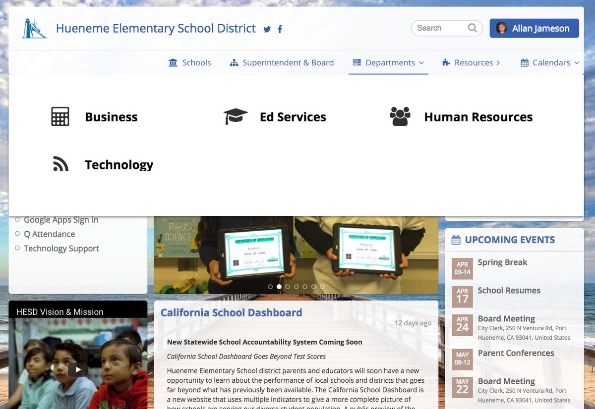 Take a look at the new navigation menus at <a href="/HuenemeElemSD/">Hueneme Elementary School District</a>. Their valuable content is just one click away! Nice #SchoolBlocks website HESD!