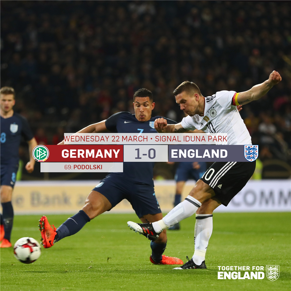 England's tweet photo. Argh. The #ThreeLions fall behind as @Podolski10 smashes home. https://t.co/6qk8vIRg3d