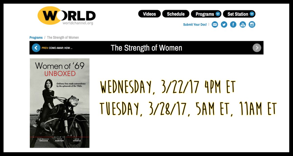 RT @worldchannelPTV is featuring <a href="/Womenof69/">Women of '69 Unboxed</a> as part of it's "Strength of Women” collection for #WomensHistoryMonth bit.ly/1fusgPy
