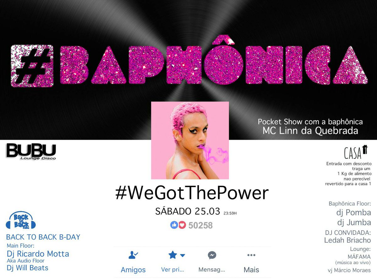 ArqtoNatan's tweet photo. #fazerobem #sabado na @bubulounge #baphonica We Got The Power com #McLinndaQuebrada pra ajudar o projeto #casa1 > LISTA via 11995467108 https://t.co/blr3U1WCJr