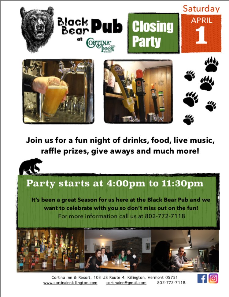 Come join us On Saturday April 1st for a fun Party at the Black Bear Pub