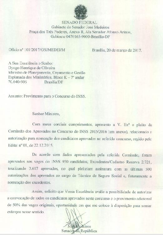 CAINSS_2016's tweet photo. 📌📌Senador @JoseMedeirosMT envia ofício ao @planejamentobr cobrando as nomeações dos aprovados... #ValeuSenador #INSS https://t.co/IuZMKIig44