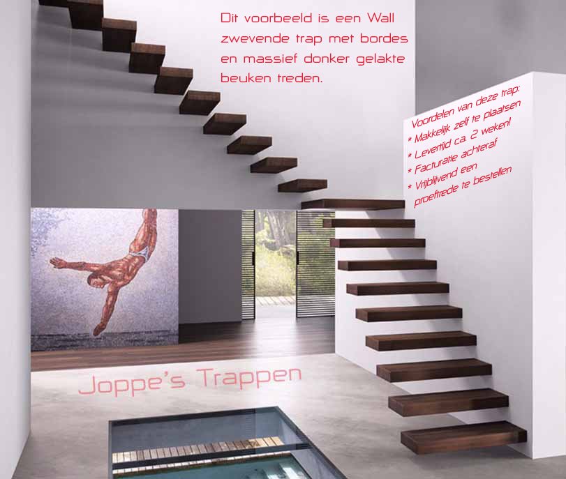 Een #zwevende #trap voor een #aantrekkelijke #prijs? Zie onze 'Wall': hardhouten trap in verschillende kleuren en slechts 2 weken levertijd!