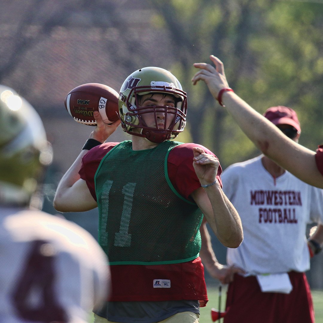 FOOTBALL: <a href="/MWSUFootball/">Emma Farmer</a> works through spring drills Wednesday. Maroon vs Gold Spring Game on April 8 at Memorial Stadium. First play at 5.