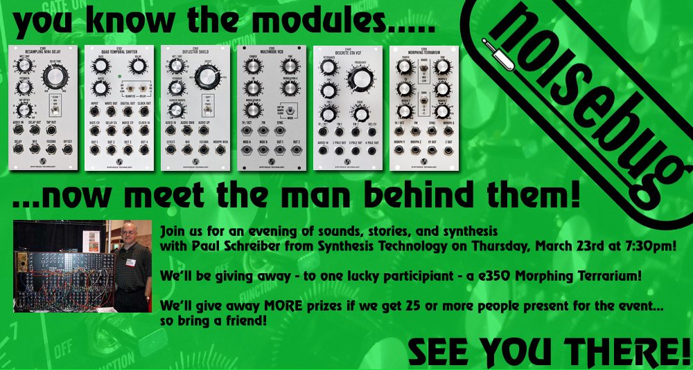 noisebug's tweet photo. Tomorrow evening... Who's coming? #SynthesisTechnology #MOTM #synthesizers https://t.co/6bCqXd7ItB