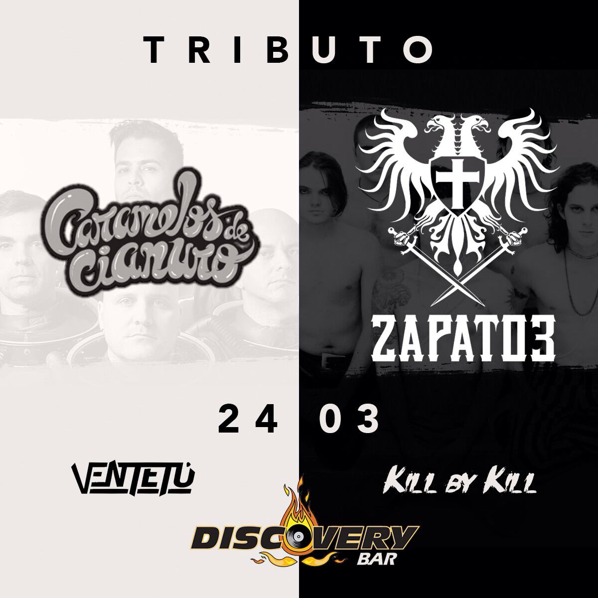 Viernes 24/03 #TributoACaramelosDeCianuro porLaBanda <a href="/ventetuccs/">#VenteTú</a> y #TributoAZapato3 por <a href="/kbkmusica/">Kill By Kill Música</a> en  <a href="/DISCOVERYBAR/">DISCOVERY BAR CCS</a>   <a href="/DjMitchell_ON/">El Mitchelon</a>
