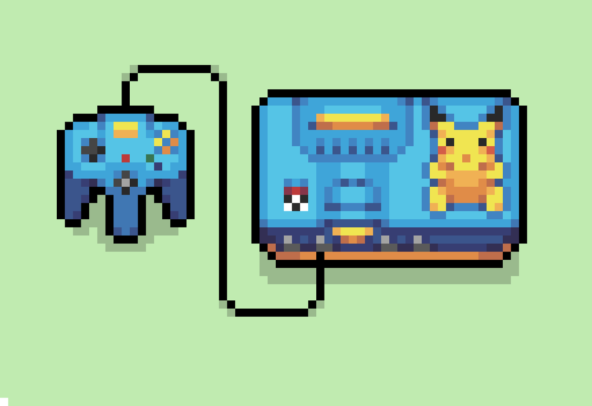 Jsf23Art's tweet photo. Here is a quick N64 pikachu edition, love this game console! ✨👾 #pixelart #gameconsole #nintendo #pixel_dailies @Pixel_Dailies https://t.co/hjNFp7RBYC