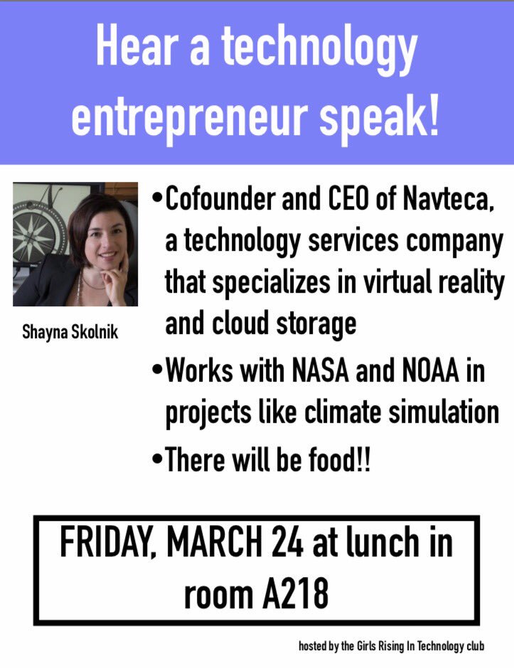 GRITechnology's tweet photo. Friday at lunch!! Come see an amazing woman in tech speak at BCC. There will be a Virtual Reality demonstration too! https://t.co/1O9fFnVcBI