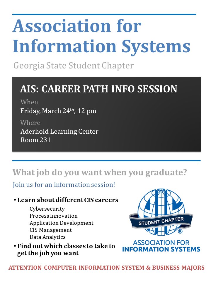 aisgsu's tweet photo. Have questions regarding your career path? Join us for an information session this Friday! Register here: https://t.co/p38LJfjEnY https://t.co/ysk4HRt6JS