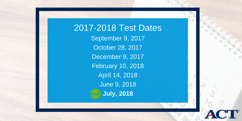 The number of ACT national test dates is increasing from 6 to 7! Students will have the opportunity to take the ACT in the summer of 2018.